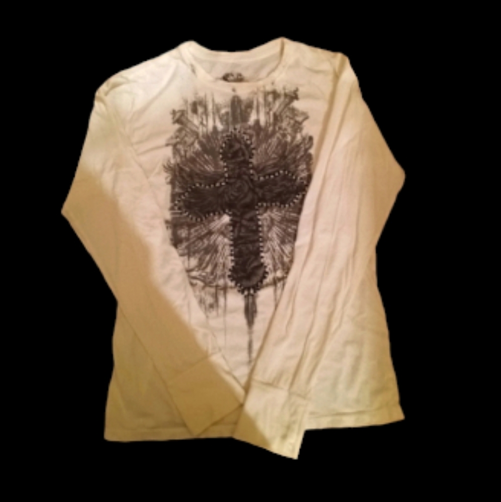 Stranded Graphic Long Sleeve Tee Cross & Roses Black Rhinestones Black & Grey